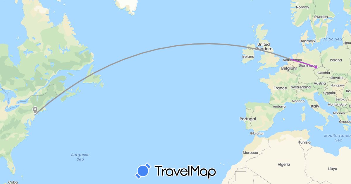 TravelMap itinerary: plane, train in Germany, Netherlands, United States (Europe, North America)